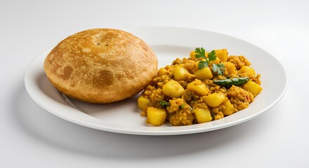 Delicious Indian Aloo Puri with Potato Curry Traditional Dish on Plate