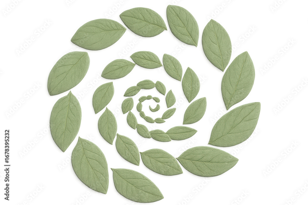Poster light green leaves arranged in a spiral shape on a transparent background, creating a natural and el