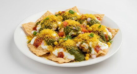 Delicious Plate of Papri Chaat Indian Street Food Dish Cuisine Photography