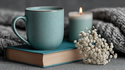 Mug on book with candle and flowers against a gray knitted background.