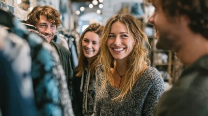 Obraz premium A group of four friends smiles and enjoys shopping together in a cozy store filled with clothing.