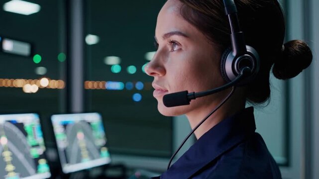 Air traffic controller managing aircraft operations at night in a control room with advanced technology