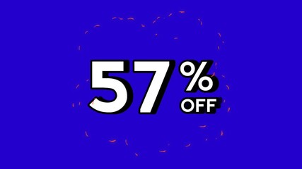 57% percent off text discount label sign symbol animation motion graphic fire special effects on blue screen background. Video Discount price for black Friday or wholesale and business concept