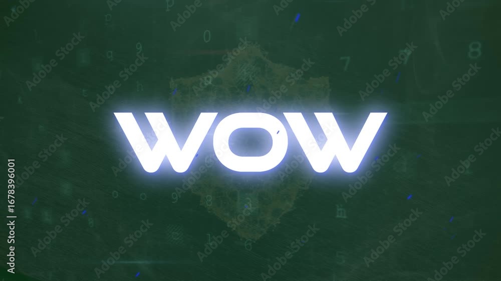 Aufkleber animation of wow text and cyber attack warning over cityscape