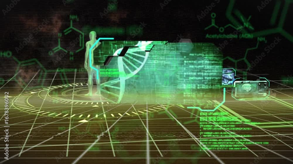 Poster animation of medical data processing over grid network against black background