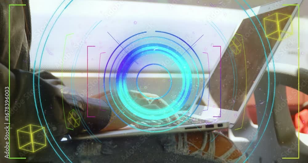 Poster animation of scope scanning and shapes over caucasian woman using laptop in bus