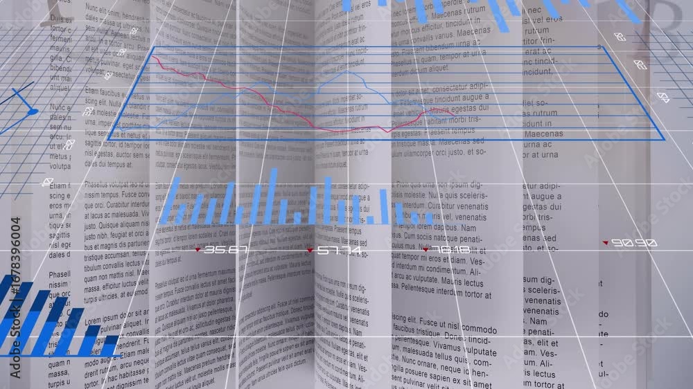 Poster animation graphs, charts and data processing over printed pages of book