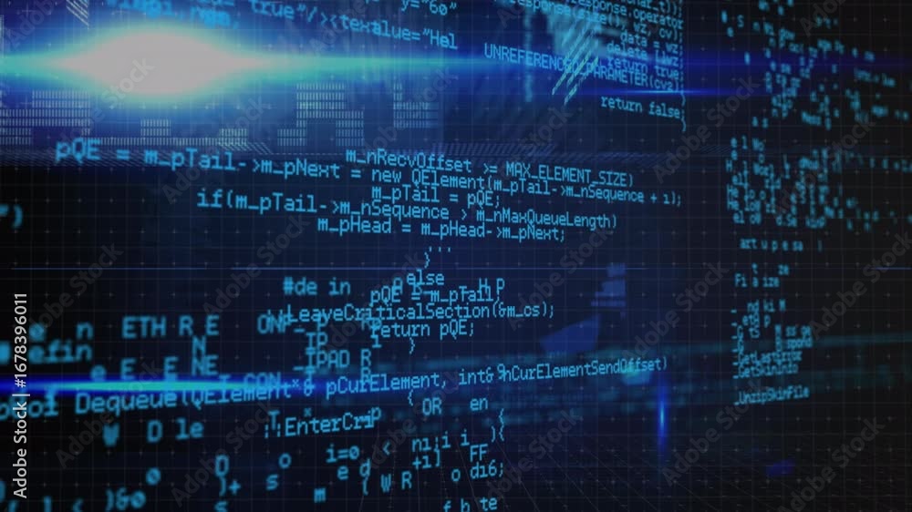 Poster animation of data processing over lights in digital space