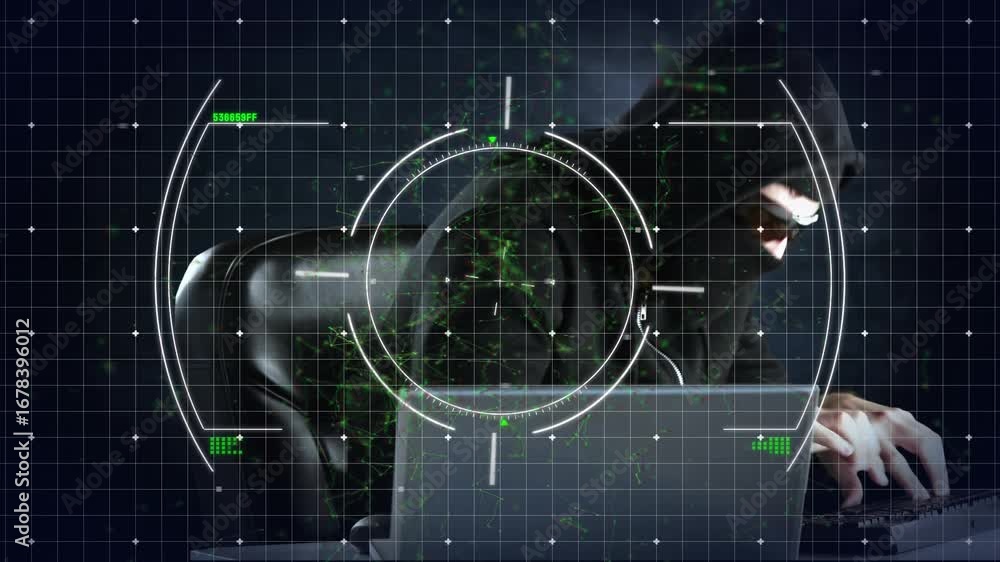Poster animation of viewfinder and data over caucasian male hacker