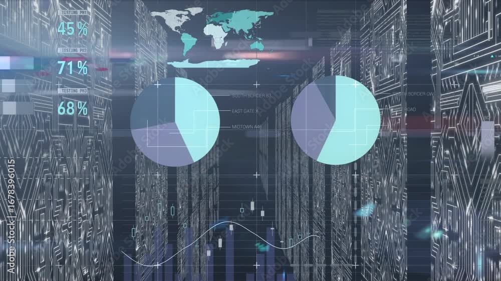 Aufkleber animation of data processing over screens with microprocessor connections against blue background