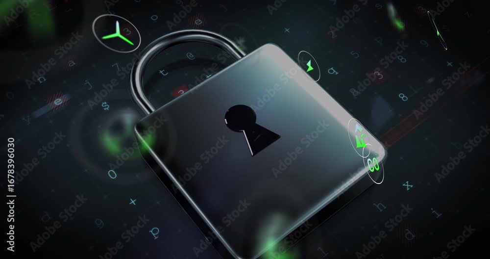 Aufkleber animation of icons and data processing over padlock icon
