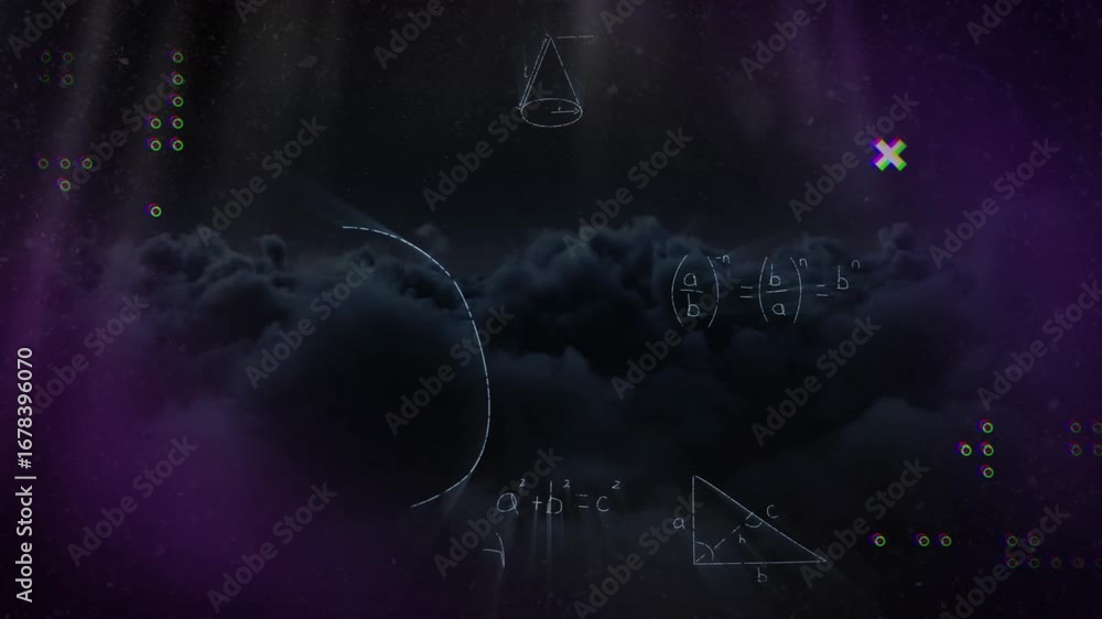 Poster animation of abstract shapes and mathematical equations against dark clouds in background