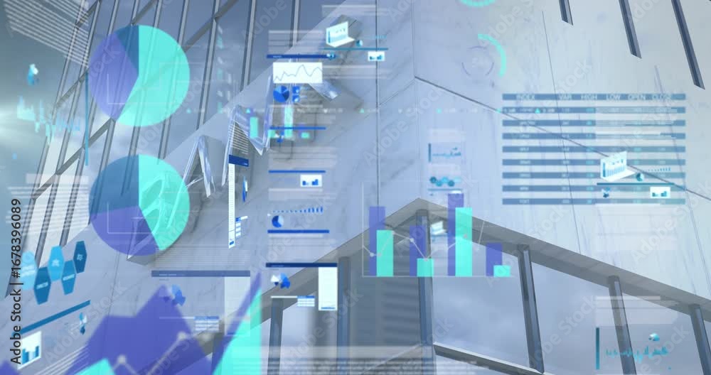Poster Animation of statistical data processing against tall bank building