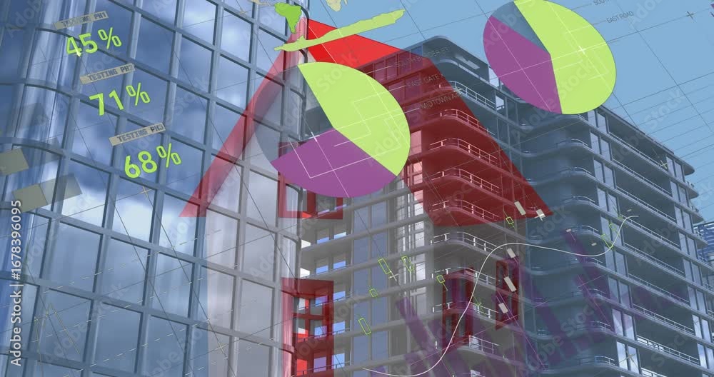 Poster animation of statistical data processing over house icon against tall buildings