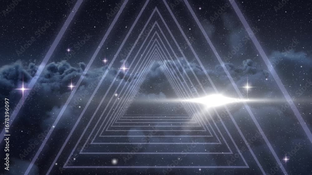 Aufkleber animation of abstract triangular shape in seamless pattern over shining stars and dark clouds