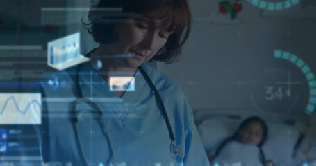 Animation of data processing over caucasian female health worker writing on clipboard at hospital - Powered by Adobe