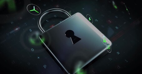 Animation of icons and data processing over padlock icon - Powered by Adobe