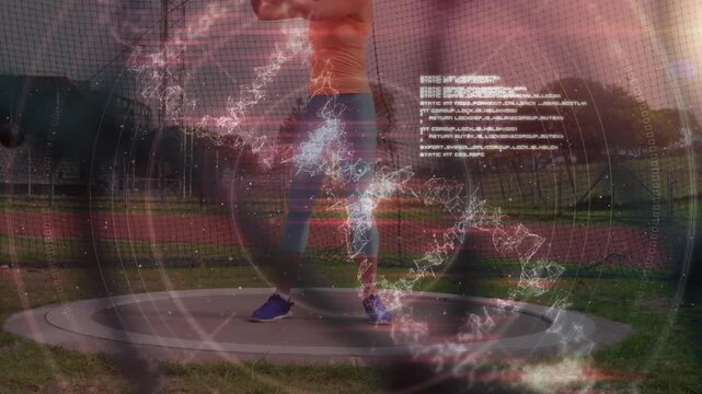 Animation of medical data processing against mid section of female athlete practicing shot put throw