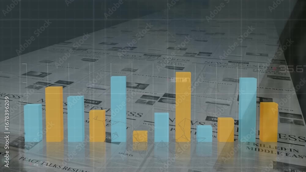 Aufkleber animation of statistical data processing over newspaper printing against black background