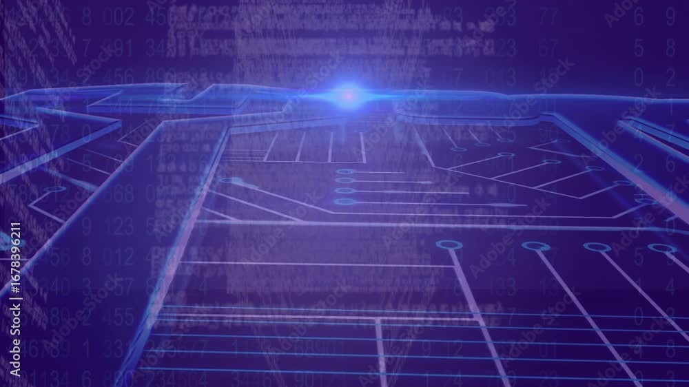 Aufkleber animation of light spot over microprocessor connections and data processing against blue background