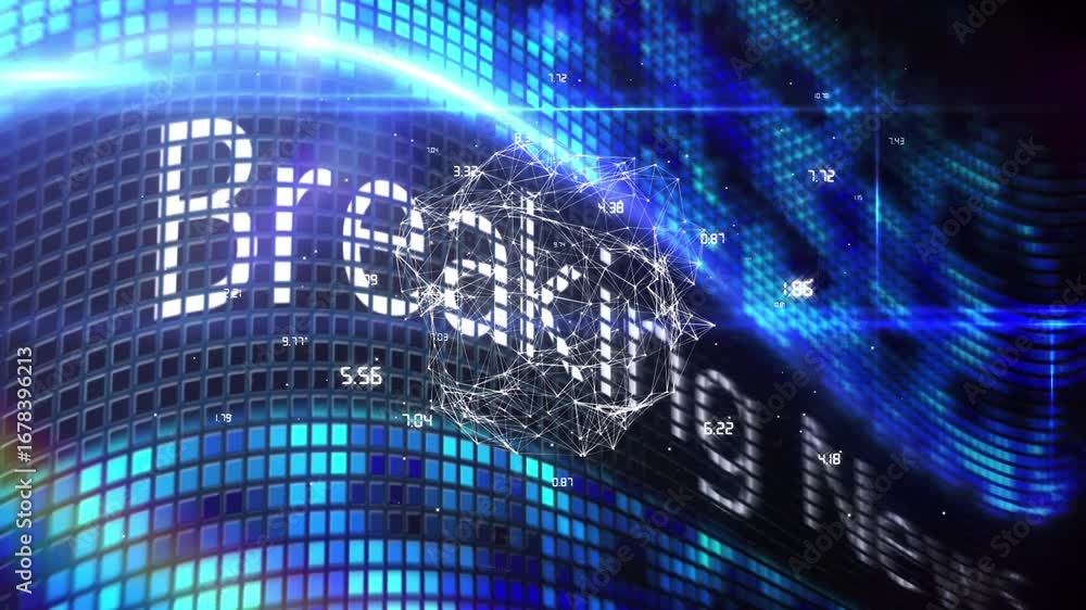 Aufkleber animation of network of connections and breaking news text over moving columns on black background