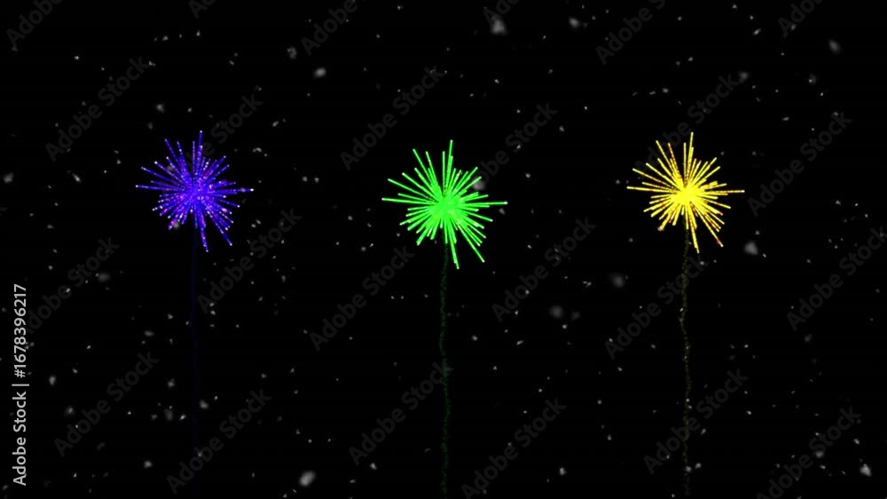 Poster animation of white particles over colorful fireworks exploding against black background