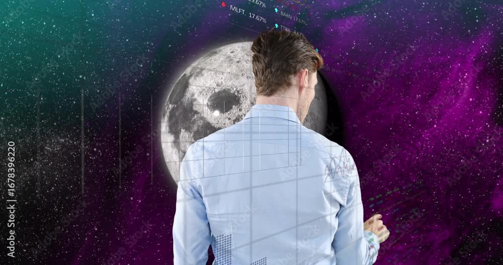 Aufkleber animation of data processing over caucasian man and moon