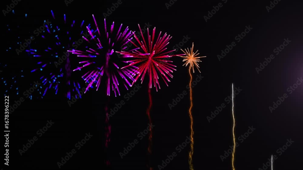 Poster animation of shooting star over colorful fireworks exploding against black background