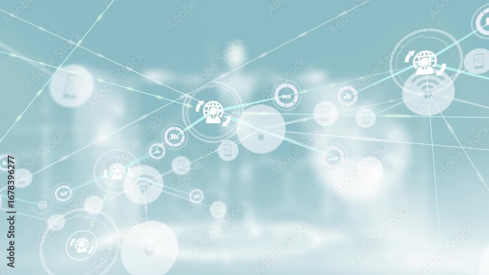Poster animation of network of digital icons over medical data processing against blue background