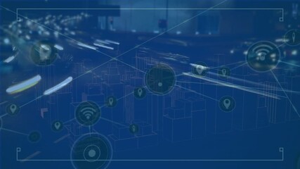 Animation of network of digital icons over night city traffic against 3d city model spinning - Powered by Adobe