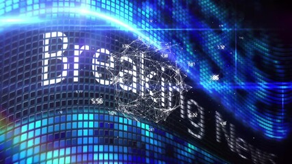 Animation of network of connections and breaking news text over moving columns on black background - Powered by Adobe
