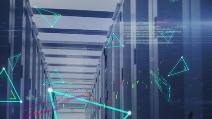 Animation of abstract triangular shapes against data processing over computer server room - Powered by Adobe