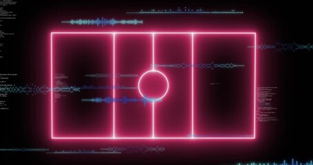 Animation of computer graphic 3d neon soccer field over data processing on digital interface - Powered by Adobe