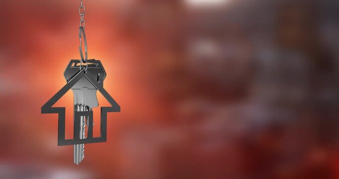 Animation of silver house keys hanging against blurred background with copy space