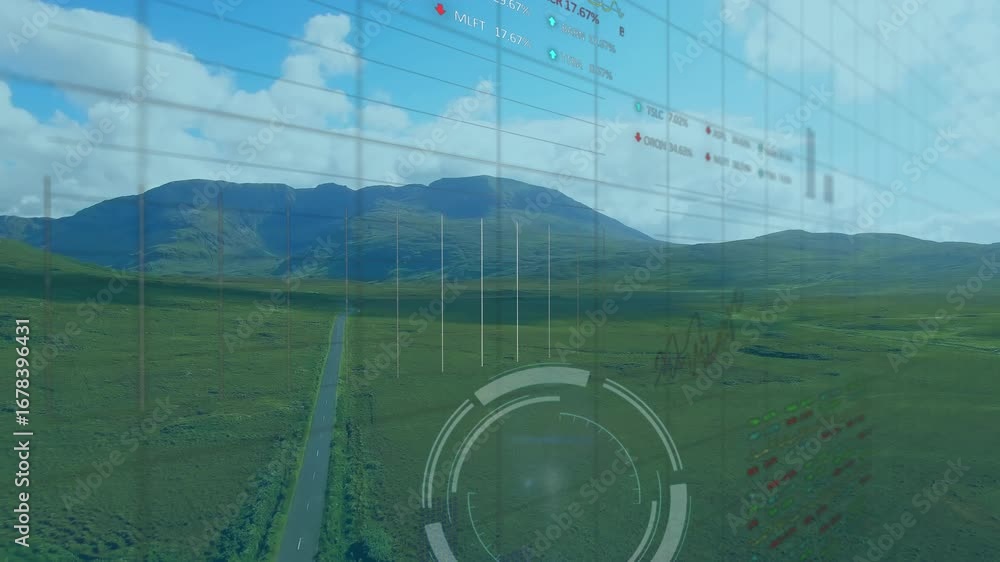 Poster animation of round scanner and stock market data processing over landscape with mountains