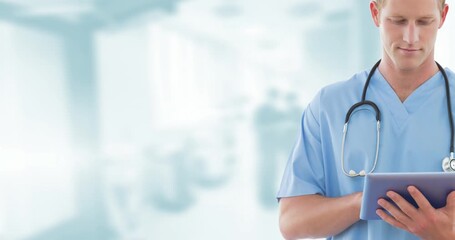 Composition of smiling female doctor in lab coat with stethoscope with medical data processing - Powered by Adobe