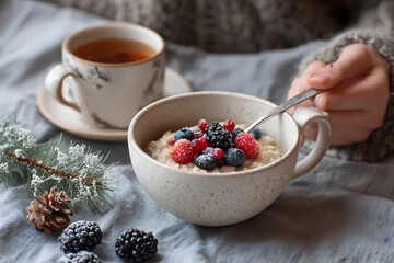 Cozy winter morning indulgence with warm oatmeal topped with fresh berries and a steaming cup of tea