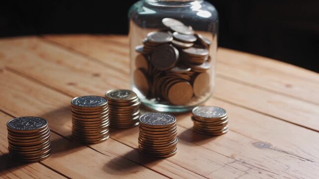 Building stacks of coins on a wooden table while counting wealth at home