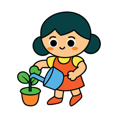 Cartoon girl caring for plants and watering them in cute vector artwork Vector illustration