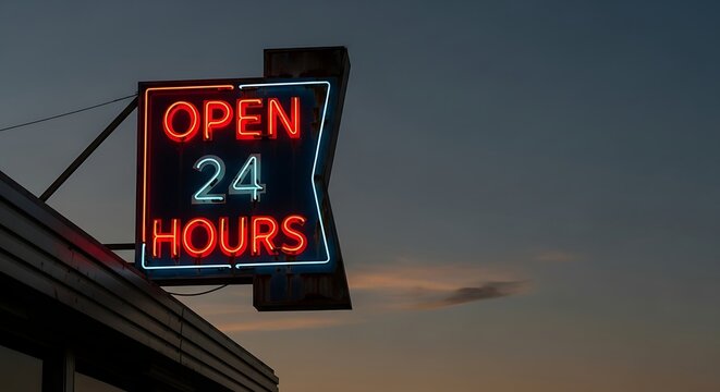 Illuminated neon sign displaying "Open 24 Hours" against a dusky evening sky. - Powered by Adobe