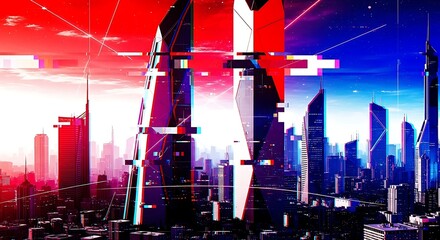Abstract cityscape featuring tall buildings with a glitch effect overlay, creating a futuristic and dynamic visual.