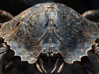 Close-up of a horseshoe crab textured exoskeleton, highlighting its armored plates