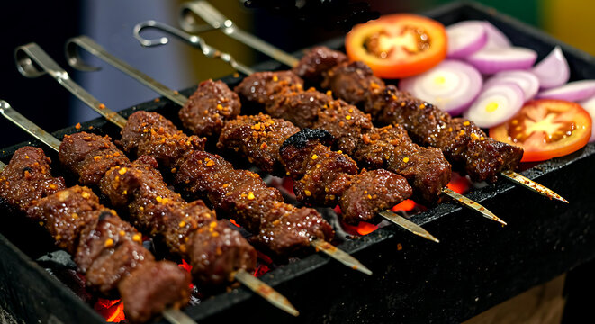 Ghana &ndash; Chichinga (Spicy Beef Kebabs). thin strips of beef marinated in suya spice (peanuts, ginger, chili) on short metal skewers, grilled over a charcoal brazier 