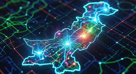 Digital network map of Pakistan with glowing connections and abstract design.