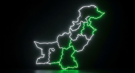 Neon illuminated map of Pakistan with provinces highlighted in green.