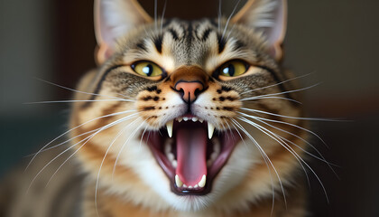 Fierce Cat with Bared Teeth Showing Aggressive Expression