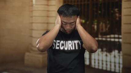 Man security guard wearing black tshirt covers face with hands at historic building entrance; anxiety.