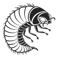 Monochrome Illustration of a Curled Grub with Visible Legs and Antennae in a Striking Graphic Style
