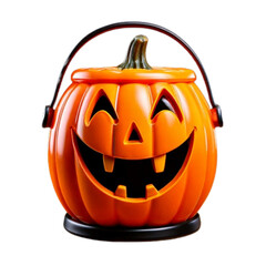 Cartoon Halloween Pumpkin Candy Pail with Wide Grin and Handle, 3D Render, isolated