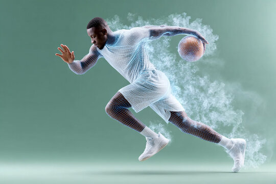 Basketball player running with ball and digital overlay effect